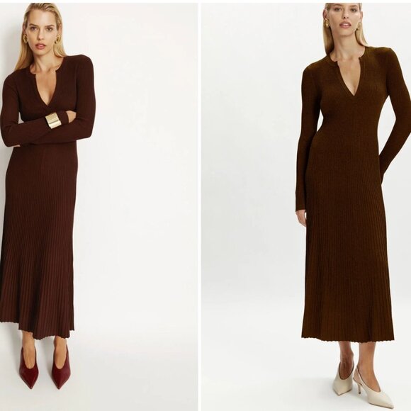 Bardot Hattie Knit Midi Dress in Chocolate brown long sleeve sweater v neck - Picture 1 of 6